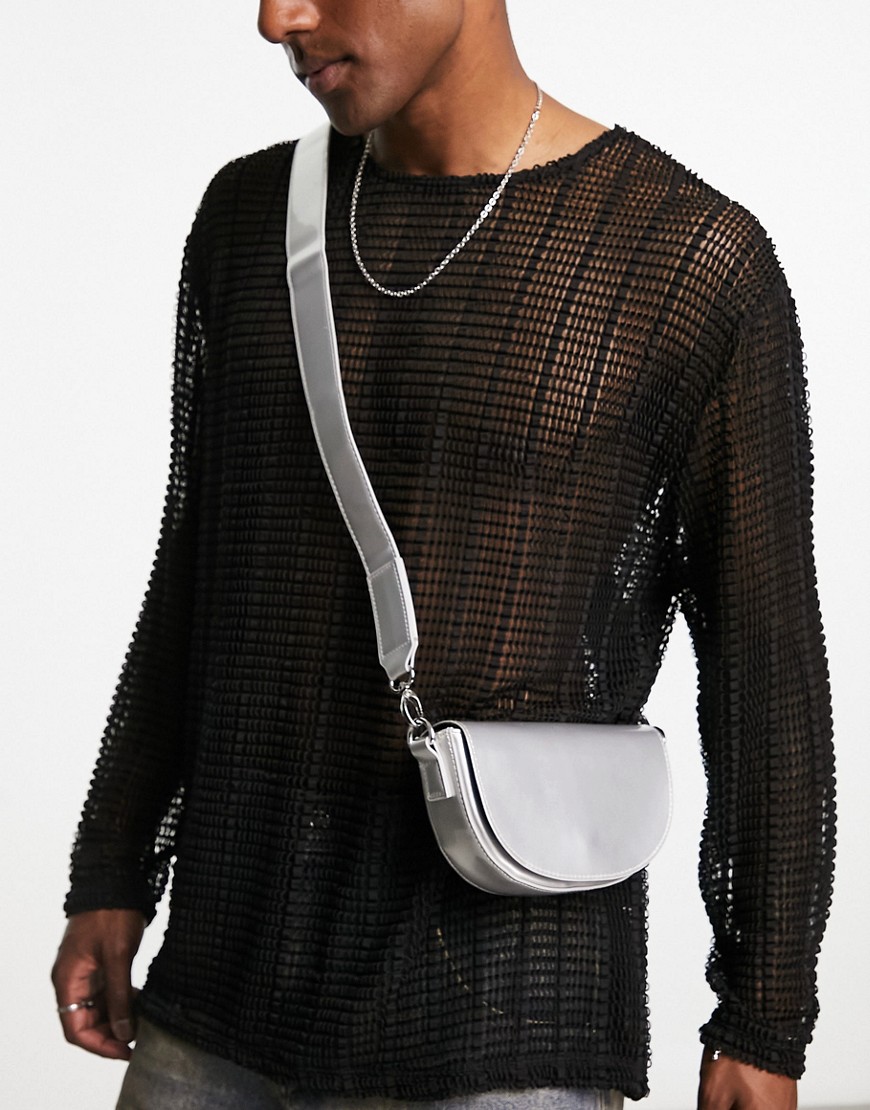 ASOS DESIGN faux leather mini halfmoon cross body bag in silver