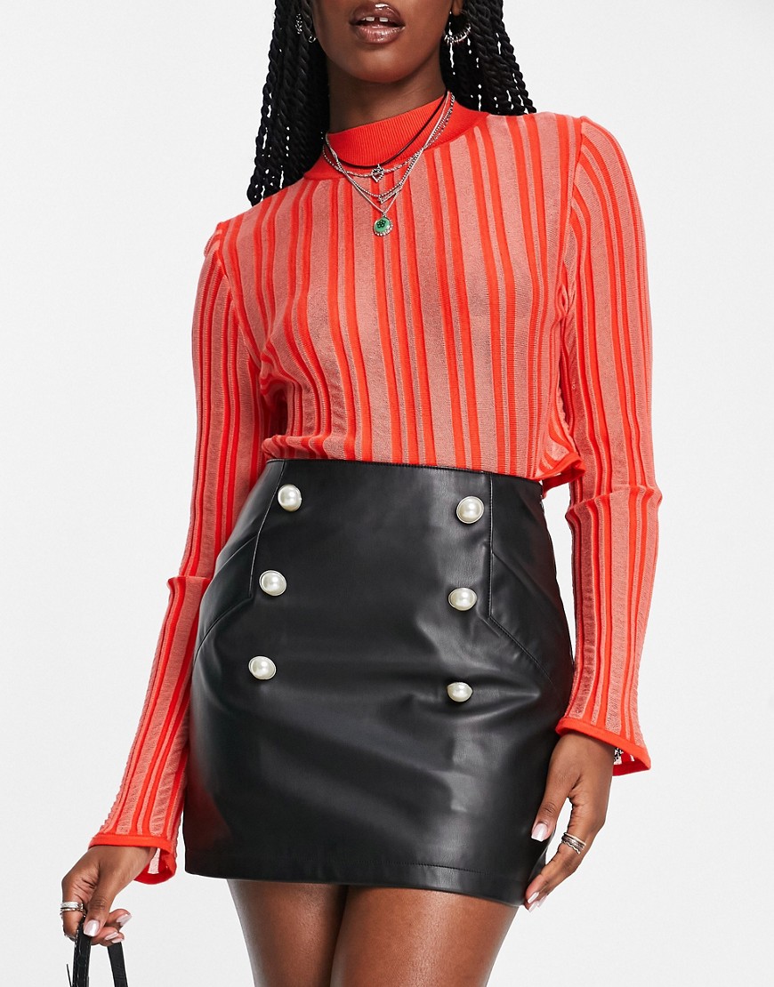 ASOS DESIGN faux leather mini skirt with pearl button detail in black