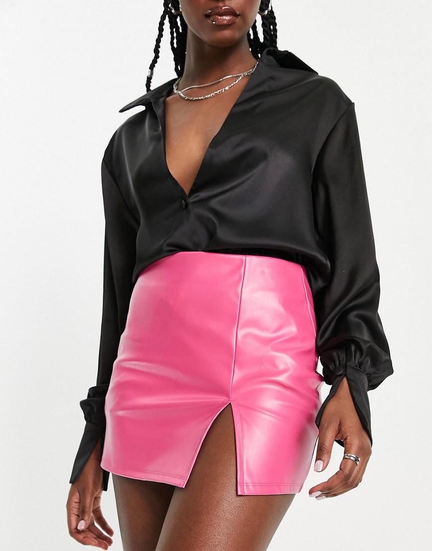 ASOS DESIGN faux leather mini skirt with split detail in hot pink