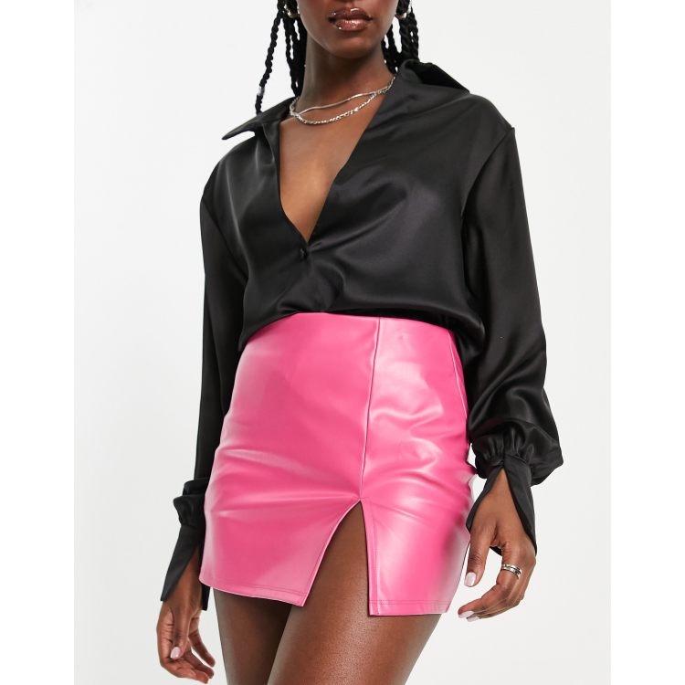 ASOS DESIGN faux leather mini skirt with split detail in hot pink