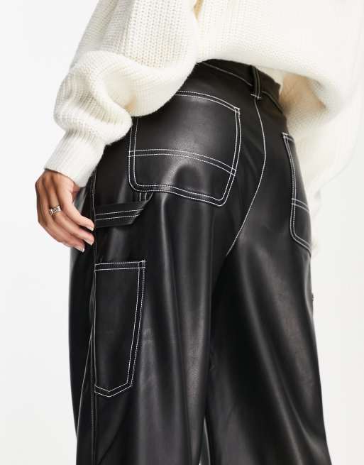 ASOS DESIGN faux leather minimal cargo pants in black with
