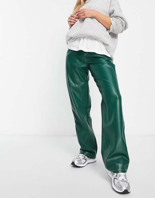 ASOS DESIGN faux leather minimal cargo pants in green with contrast stitch