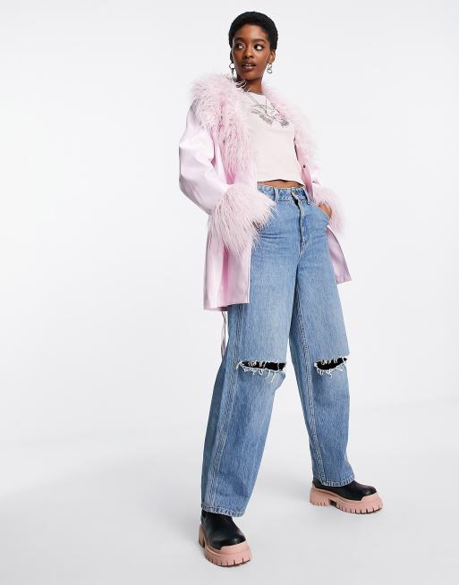 ASOS DESIGN faux leather mom jacket with faux fur collar in pink