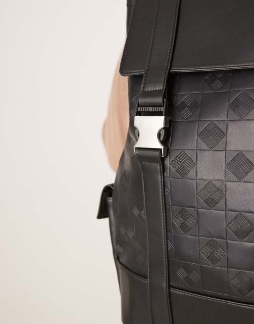 asos mens leather backpack ASOS DESIGN faux leather monogram backpack in black