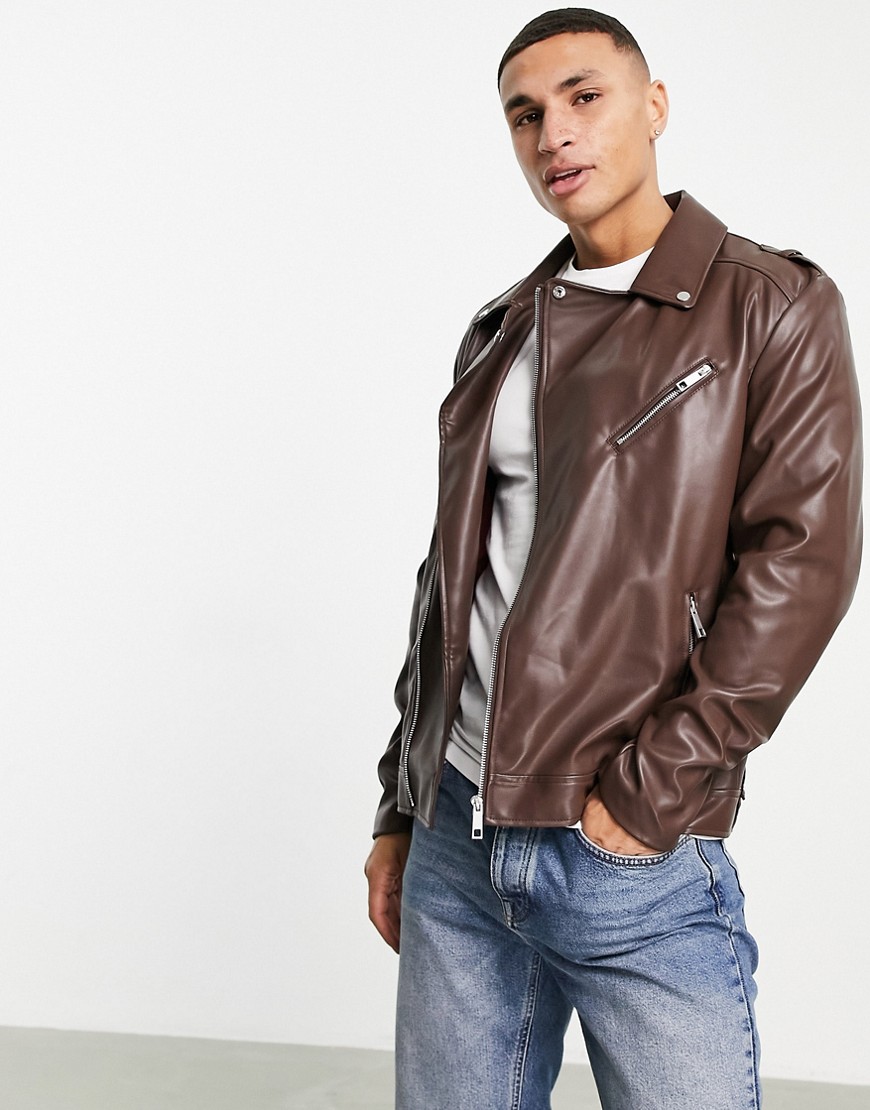 ASOS DESIGN faux leather moto jacket in brown