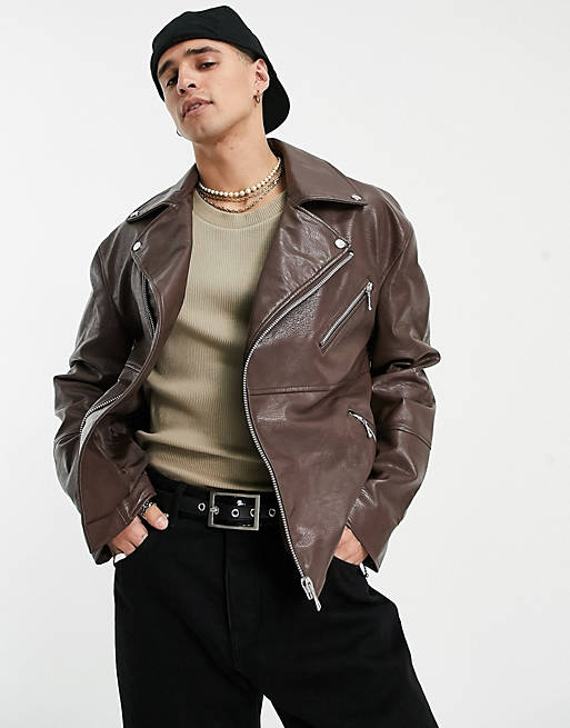 asos.com | ASOS DESIGN faux leather moto jacket in brown