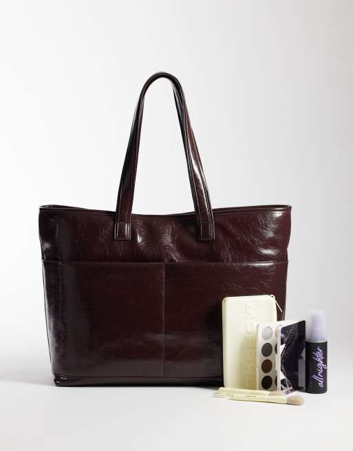 ASOS DESIGN faux leather multi pocket tote in burgundy, 2 of 4