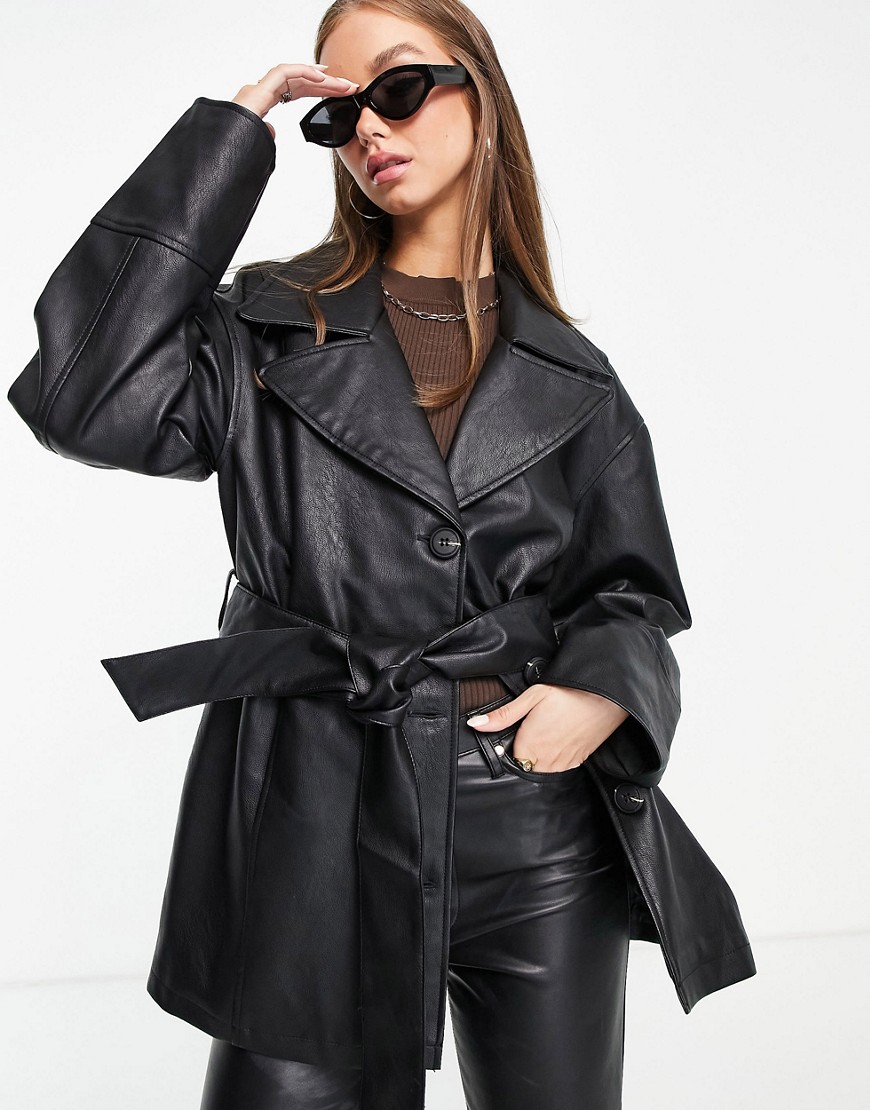 ASOS DESIGN faux leather mum belted jacket in black