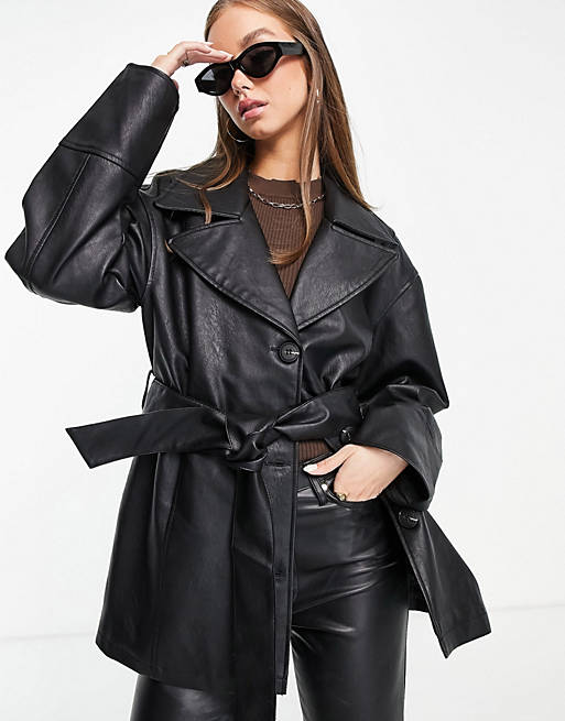 Women faux leather mum belted jacket in black 
