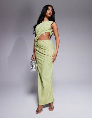 faux leather one shoulder midi dress with side cut out in green snake