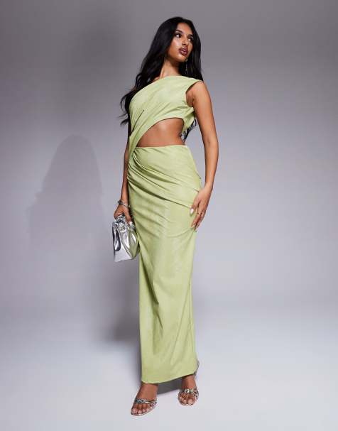 ASOS DESIGN faux leather one shoulder midi dress with side cut out in green snake - view 1