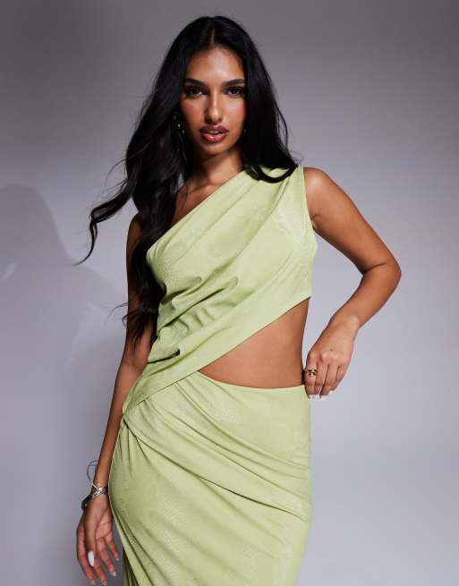 ASOS DESIGN faux leather one shoulder midi dress with side cut out in green  snake | ASOS