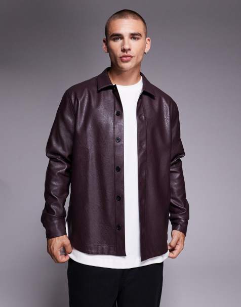 ASOS DESIGN faux leather overshirt in burgundy - view 1