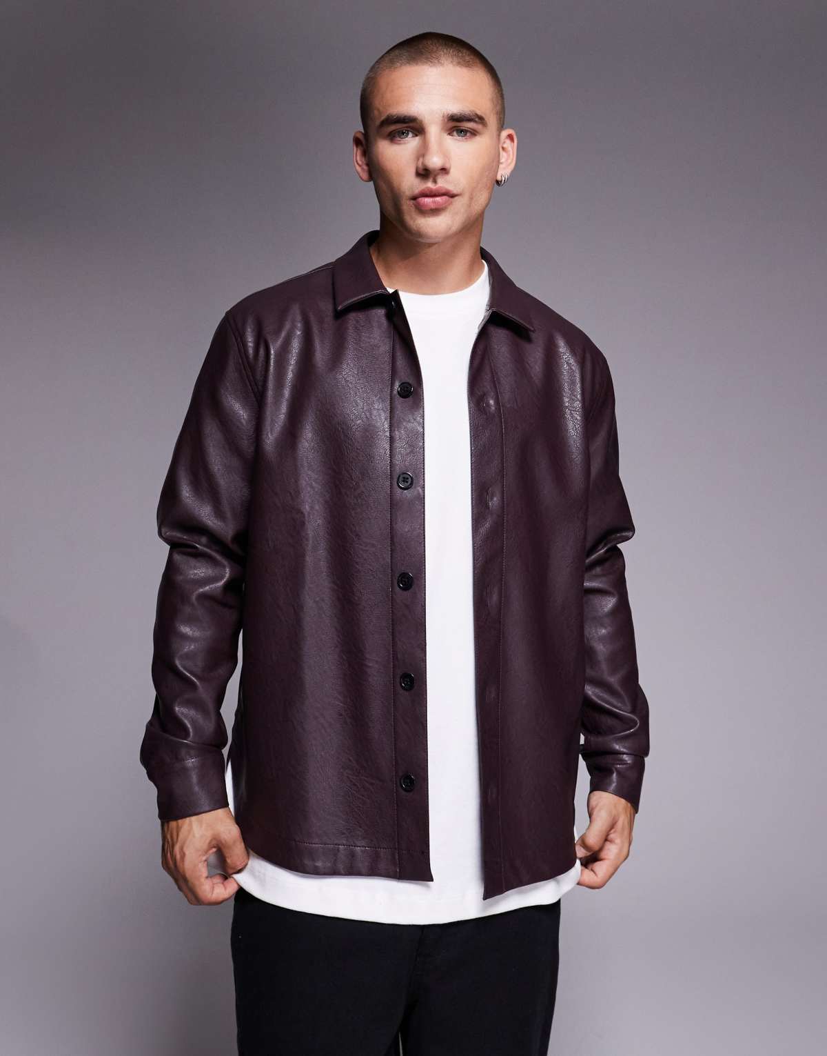 ASOS DESIGN faux leather overshirt in burgundy