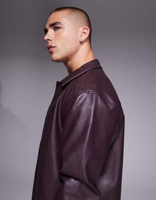 ASOS DESIGN faux leather overshirt in burgundy