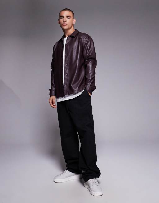 ASOS DESIGN faux leather overshirt in burgundy