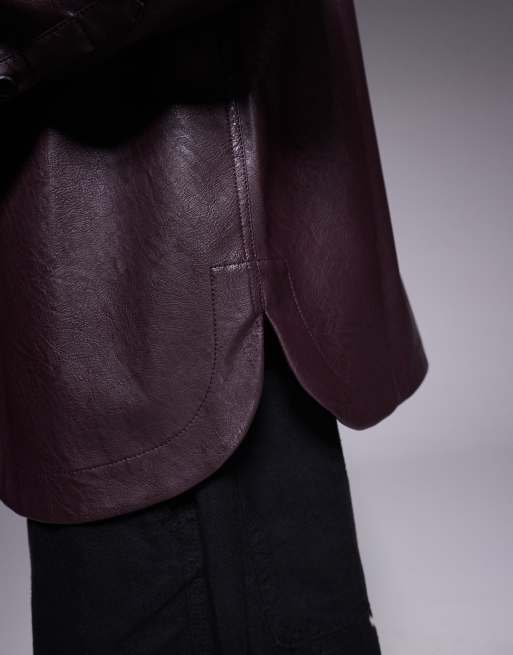 ASOS DESIGN faux leather overshirt in burgundy