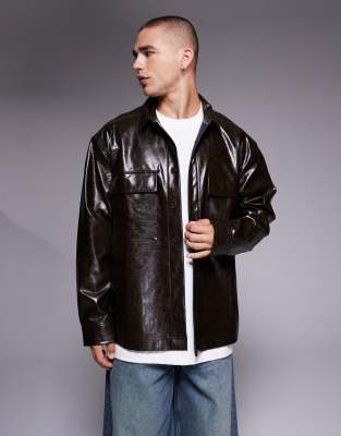 Asos Design Faux Leather Overshirt In Brown
