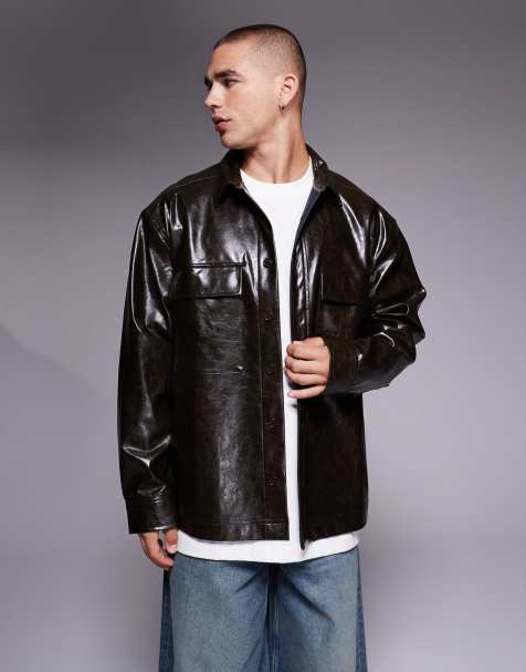 ASOS DESIGN faux leather overshirt in dark brown - view 1