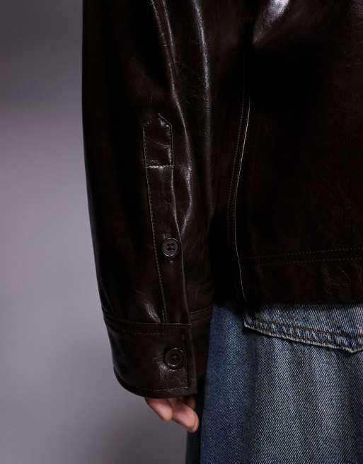 ASOS DESIGN faux leather overshirt in dark brown
