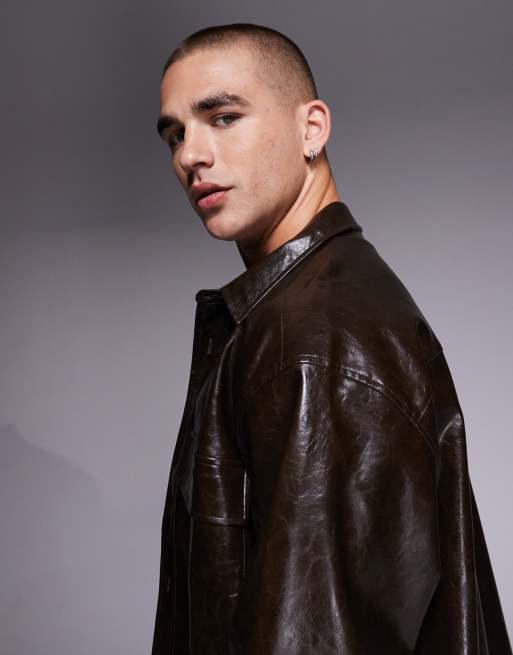 ASOS DESIGN faux leather overshirt in dark brown