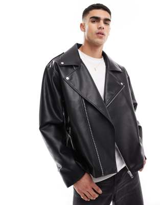 faux leather oversized biker jacket in black