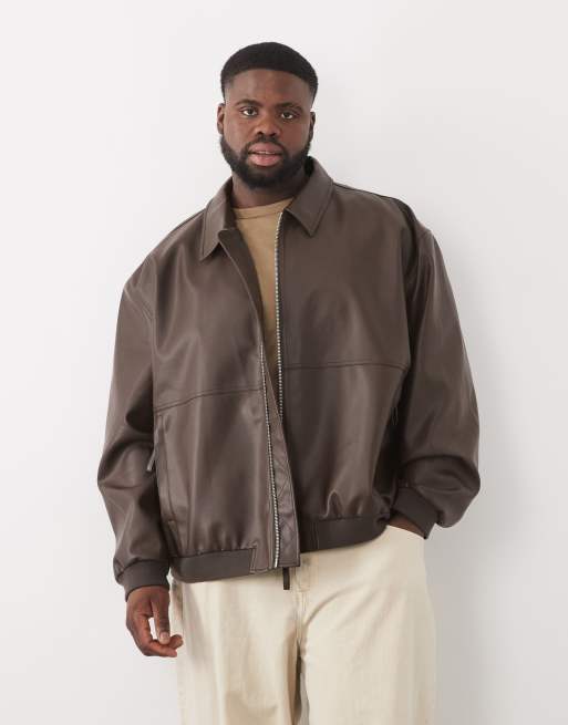 ASOS DESIGN faux leather oversized bomber in brown, 2 of 5