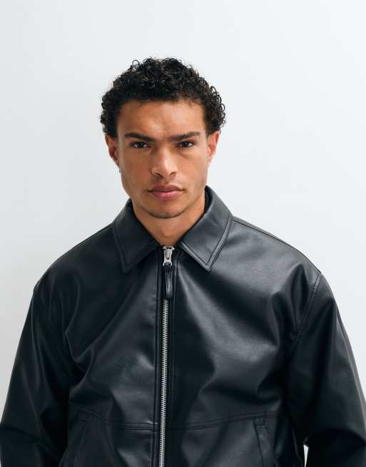 ASOS DESIGN faux leather oversized bomber jacket in black, 3 of 5