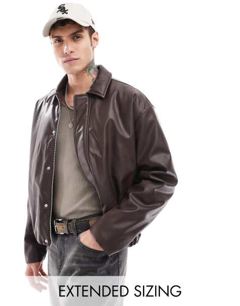 ASOS DESIGN faux leather oversized bomber jacket in brown - view 1