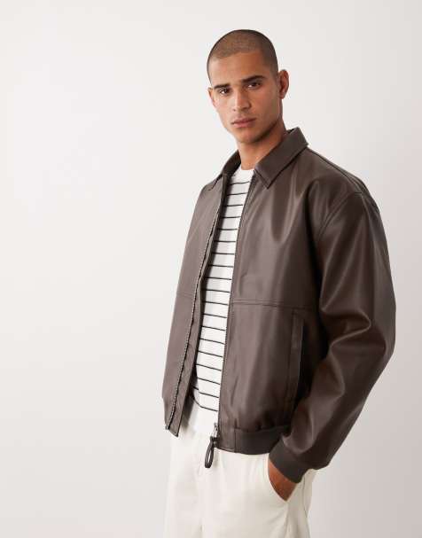 ASOS DESIGN faux leather oversized bomber jacket in brown - view 1
