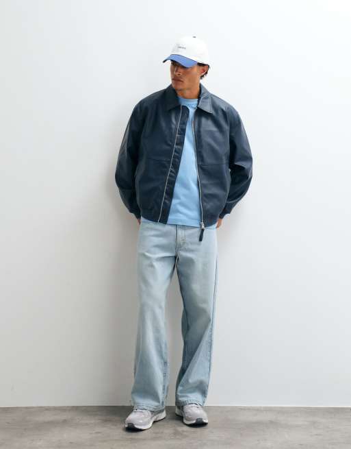 ASOS DESIGN faux leather oversized bomber jacket in navy, 2 of 5