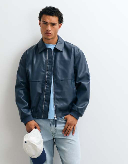 ASOS DESIGN faux leather oversized bomber jacket in navy, 3 of 5