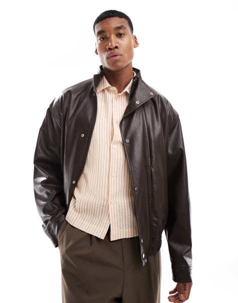 ASOS DESIGN faux leather oversized bomber jacket with funnel neck in brown - view 1