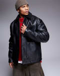 [ASOS DESIGN] ASOS DESIGN faux leather oversized borg lined worker jacket in black S BLACK