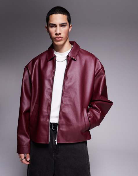 ASOS DESIGN faux leather oversized coach jacket in burgundy - view 1