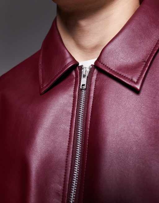ASOS DESIGN faux leather oversized coach jacket in burgundy