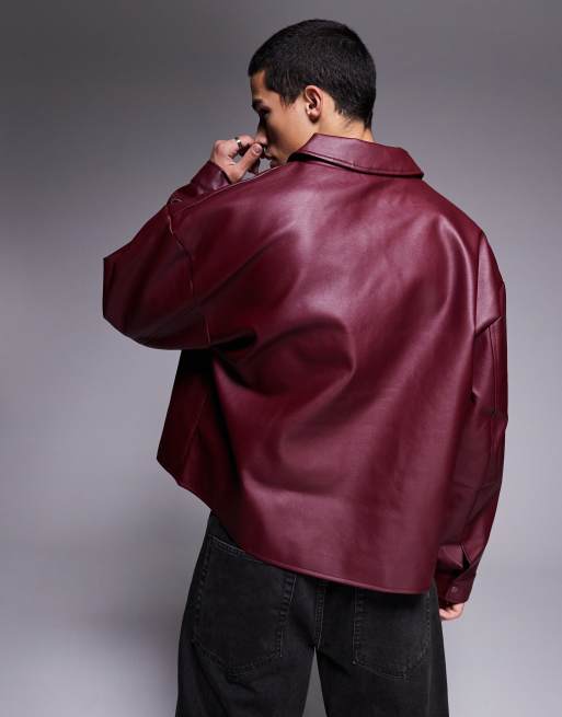 ASOS DESIGN faux leather oversized coach jacket in burgundy