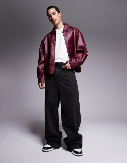 ASOS DESIGN faux leather oversized coach jacket in burgundy