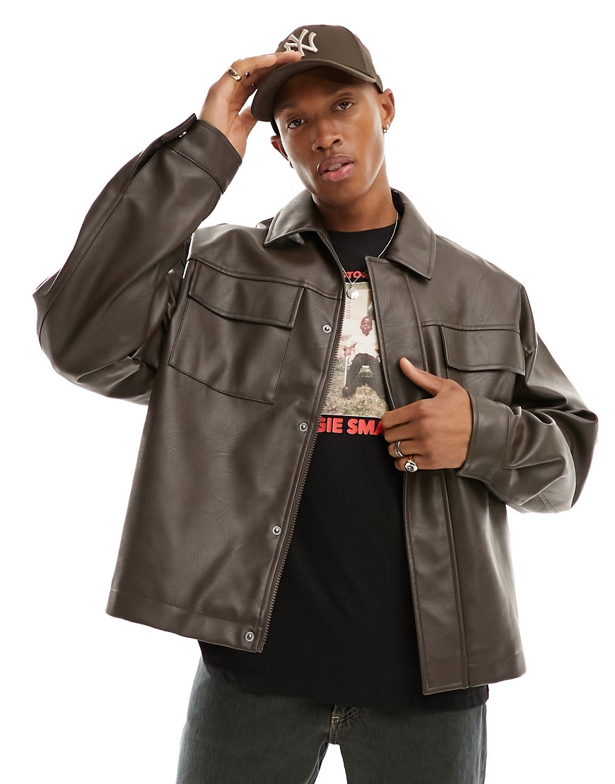 ASOS DESIGN faux leather oversized coach jacket with pockets in brown