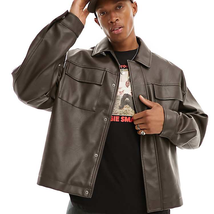 ASOS DESIGN faux leather oversized coach jacket with pockets ASOS DESIGN faux leather oversized coach jacket with pockets