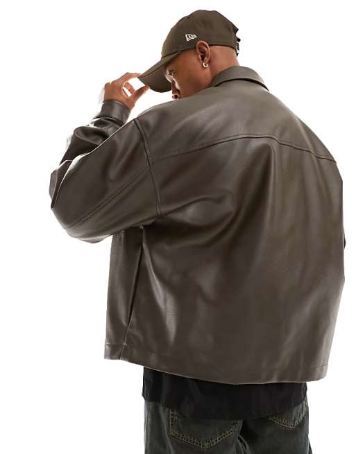 ASOS DESIGN faux leather oversized coach jacket with pockets ASOS DESIGN faux leather oversized coach jacket with pockets