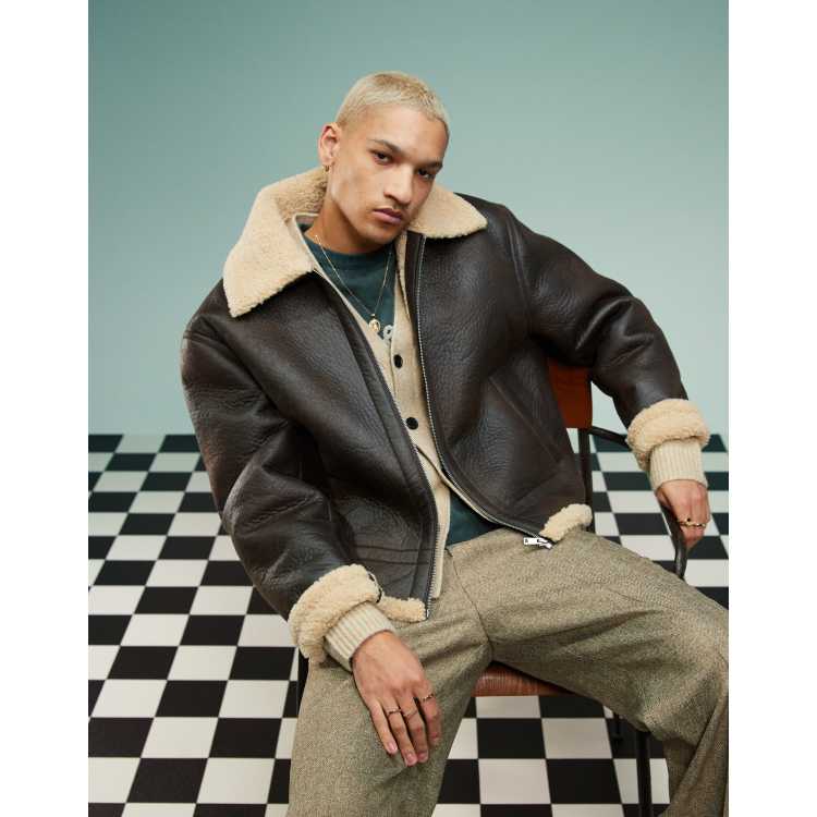 ASOS DESIGN faux leather oversized cropped aviator jacket in brown