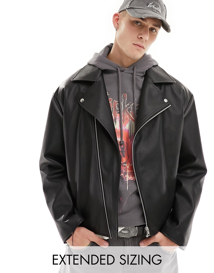 ASOS DESIGN faux leather oversized cropped biker jacket in black