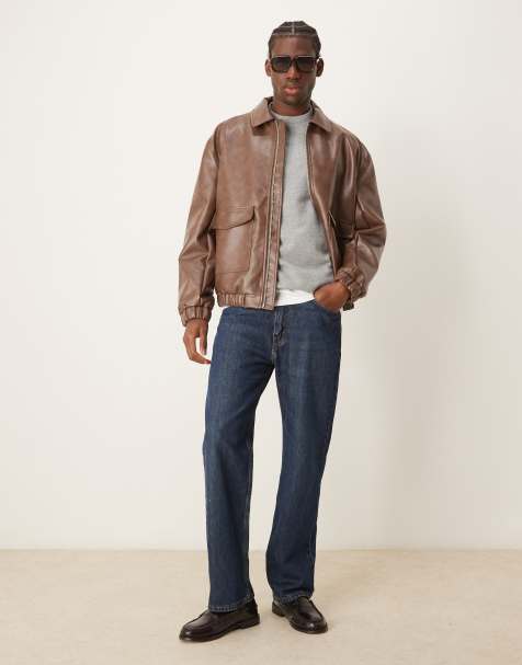 ASOS DESIGN faux leather oversized harrington jacket in distressed brown - view 1