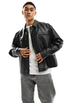 Asos Design Faux Leather Oversized Harrington Jacket With Zip Detail In Black