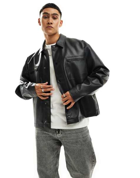 ASOS DESIGN faux leather oversized harrington jacket with zip detail in black - view 1