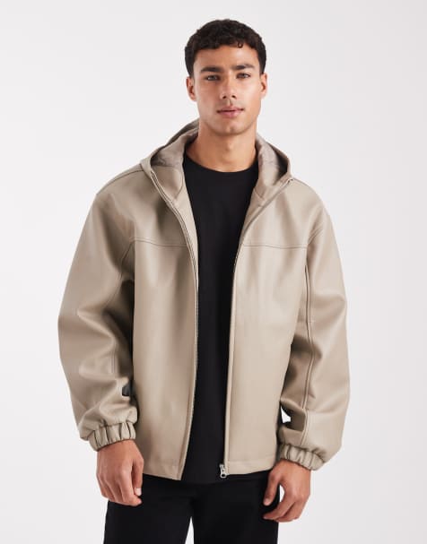ASOS DESIGN faux leather oversized hooded jacket in mushroom - view 1
