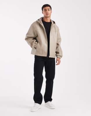 Asos Design Faux Leather Oversized Hooded Jacket In Brown
