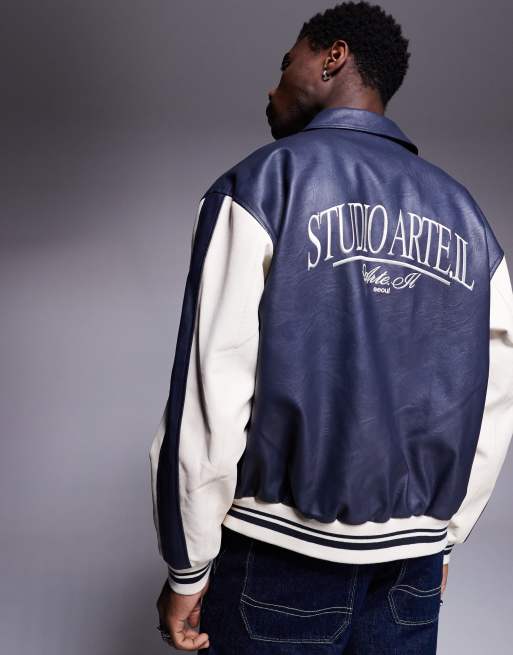 ASOS DESIGN faux leather oversized motocross jacket in navy with contrast sleeves, 2 of 4