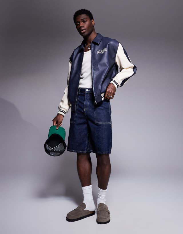 ASOS DESIGN faux leather oversized motocross jacket in navy with